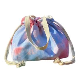 Blue Pink Tie-Dye Lunch Box Bag Drawstring Portable Bento Bag Canvas Lunch Tote Bag