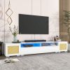 ON-TREND Rattan Style Entertainment Center with Push to Open Doors, 3-pics Extended TV Console Table for TVs Up to 90'', Modern TV Stand with Color Ch