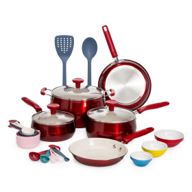 Clean Ceramic 23 Piece Non-Stick Aluminum Cookware Set, Red