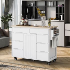 K&K Store Kitchen Cart with Rubber Wood Countertop , Kitchen Island has 8 Handle-Free Drawers Including a Flatware Organizer and 5 Wheels for Kitchen