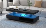 U-Can LED Coffee Table with Storage, Modern Center Table with 2 Drawers and Display Shelves, Accent Furniture with LED Lights for Living Room,Black