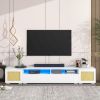 ON-TREND Rattan Style Entertainment Center with Push to Open Doors, 3-pics Extended TV Console Table for TVs Up to 90'', Modern TV Stand with Color Ch