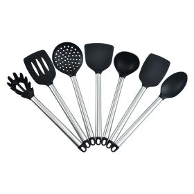 Stainless Steel Silicone 7-piece Kitchen Ware Set Kitchen Silicone Shovel Spoon Suit (Color: Black)