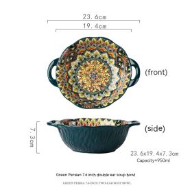 Yellow Green Wave Tree Pattern Flower Hand Painted Underglaze Binaural Ceramic Not Hot Hand Noodle Bowl (Option: GreenPersia-950ML)