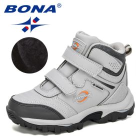 BONA 2020 New Designers Plush Snow Boots Children Sport Sneakers Terkking Boots Kids Hiking Mountain Climbing Camping Footwear (Color: Light gray dark grey, size: 3)